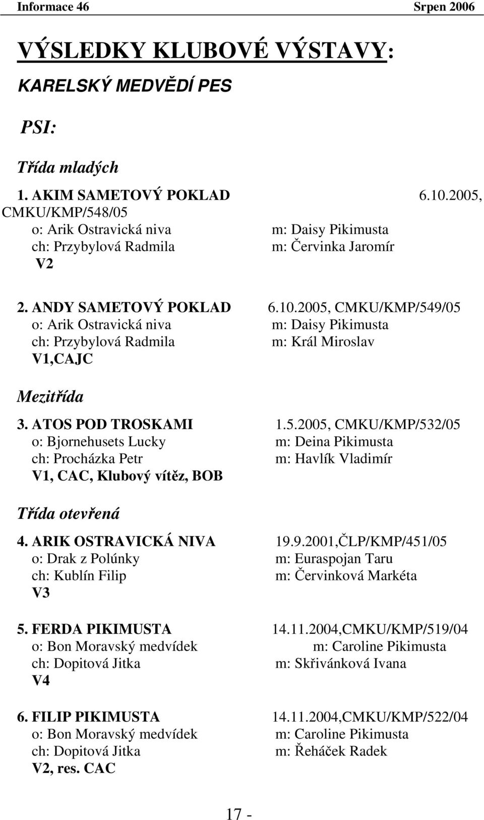 2005, CMKU/KMP/549/05 o: Arik Ostravická niva m: Daisy Pikimusta ch: Przybylová Radmila m: Král Miroslav V1,CAJC Mezitřída 3. ATOS POD TROSKAMI 1.5.2005, CMKU/KMP/532/05 o: Bjornehusets Lucky m: Deina Pikimusta ch: Procházka Petr m: Havlík Vladimír V1, CAC, Klubový vítěz, BOB Třída otevřená 4.