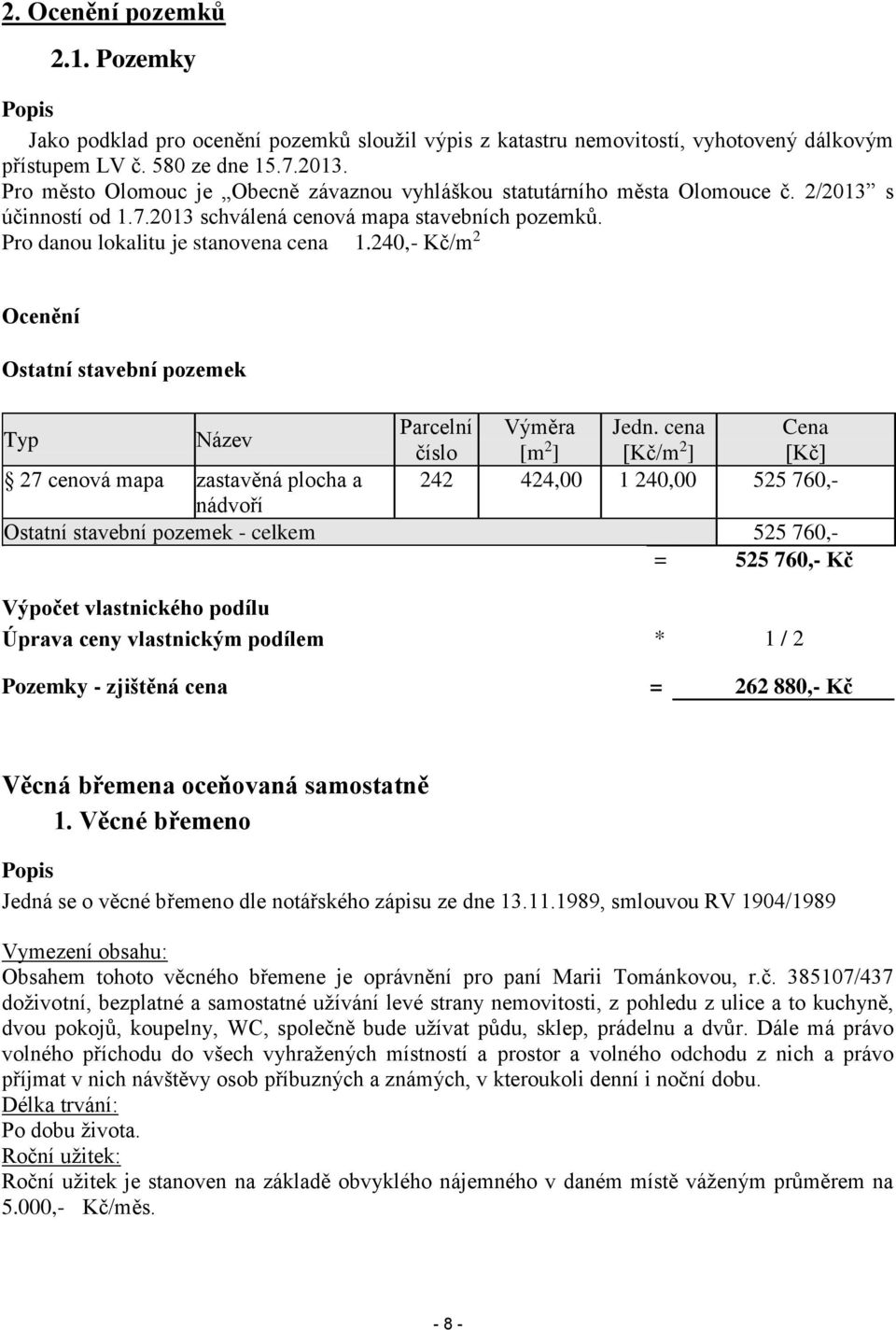 240,- Kč/m 2 Ocenění Ostatní stavební pozemek Typ Název Parcelní Výměra Jedn.