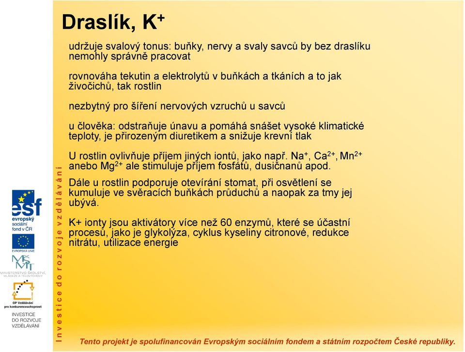 příjem jiných iontů, jako např. Na +, Ca 2+,Mn 2+ anebo Mg 2+ ale stimuluje příjem fosfátů, dusičnanů apod.