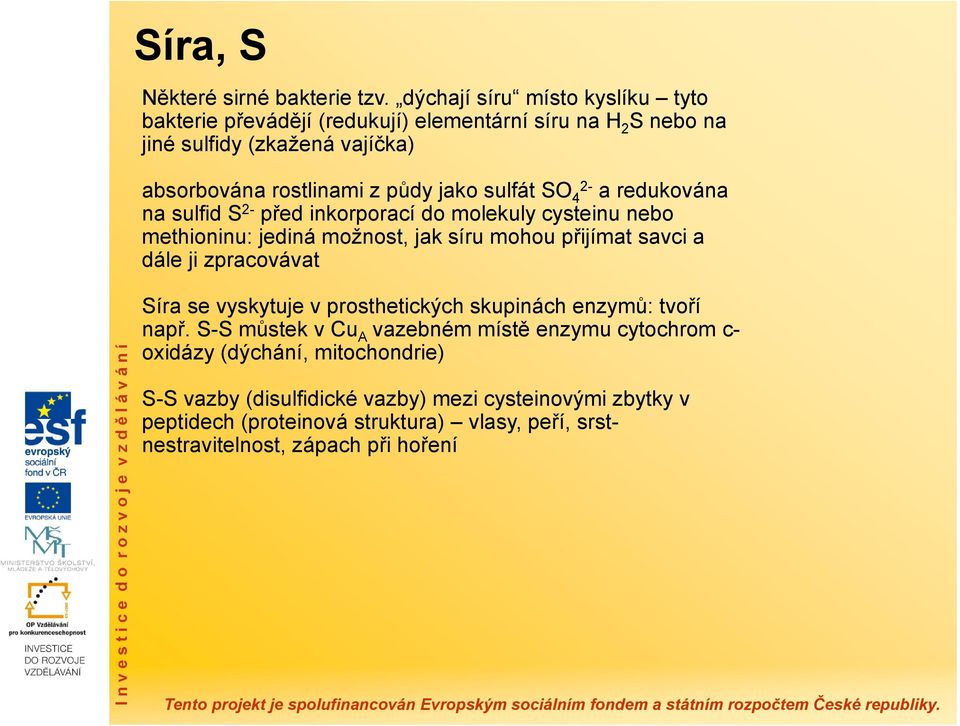 sulfát SO 4 2- a redukována na sulfid S 2- před inkorporací do molekuly cysteinu nebo methioninu: jediná možnost, jak síru mohou přijímat savci a dále ji
