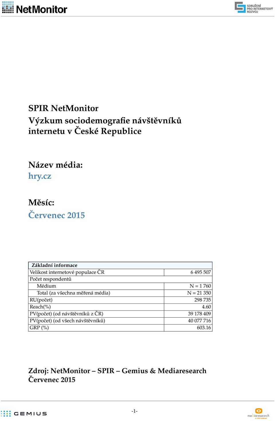 cz Měsíc: Červenec Základní informace Velikost internetové populace ČR 49 7 Počet