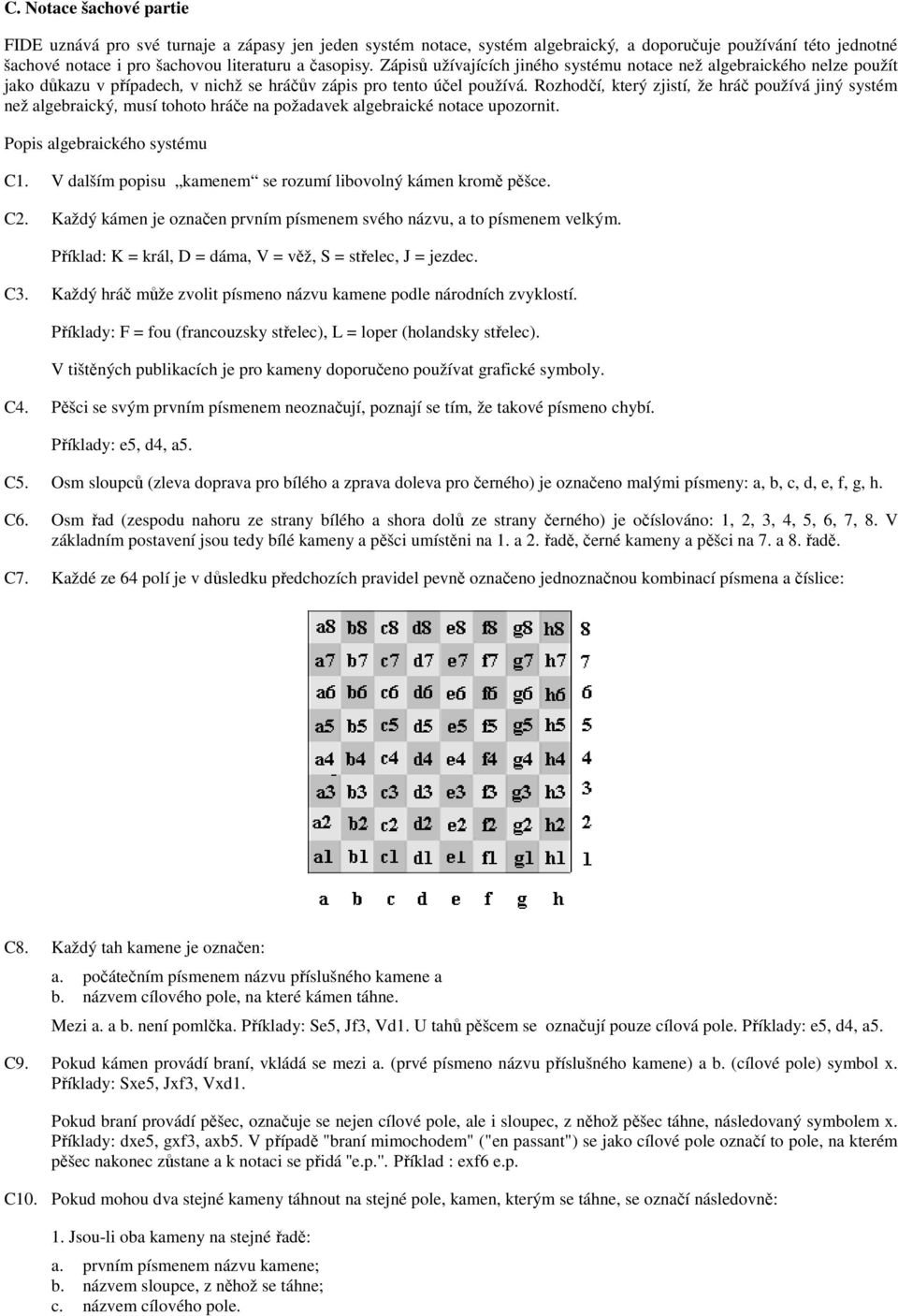 Rozhodčí, který zjistí, že hráč používá jiný systém než algebraický, musí tohoto hráče na požadavek algebraické notace upozornit. Popis algebraického systému C1.