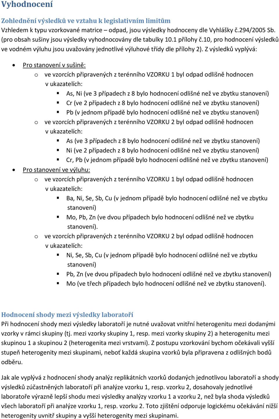 Z výsledků vyplývá: Pro stanovení v sušině: o ve vzorcích připravených z terénního VZORKU 1 byl odpad odlišně hodnocen v ukazatelích: As, Ni (ve 3 případech z 8 bylo hodnocení odlišné než ve zbytku