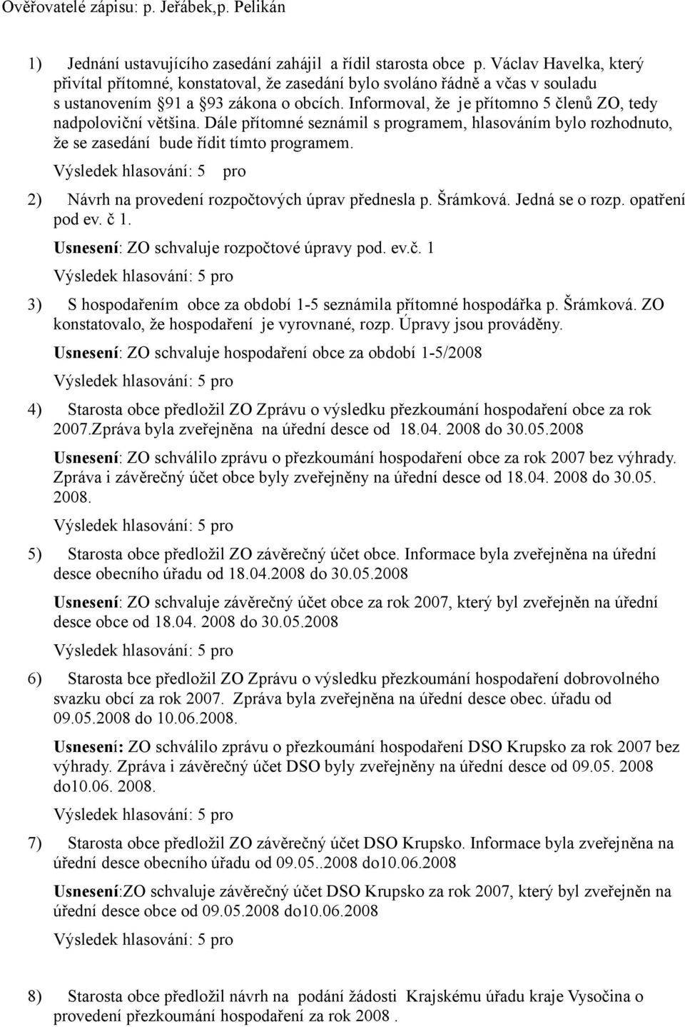 Informoval, že je přítomno 5 členů ZO, tedy nadpoloviční většina. Dále přítomné seznámil s programem, hlasováním bylo rozhodnuto, že se zasedání bude řídit tímto programem.