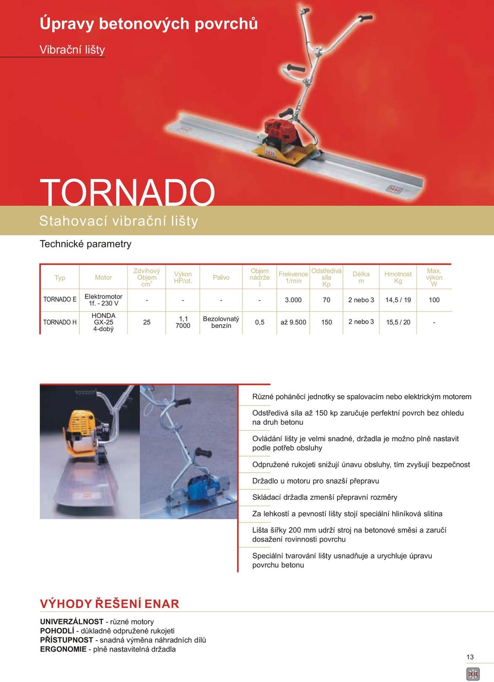 500 150 2 nebo 15,5 / 20 4-dobý Různé poháněcí jednotky se spalovací nebo elektrický otore Odstředivá síla až 150 kp zaručuje perfektní povrch bez ohledu na druh betonu Ovládání lišty je veli snadné,