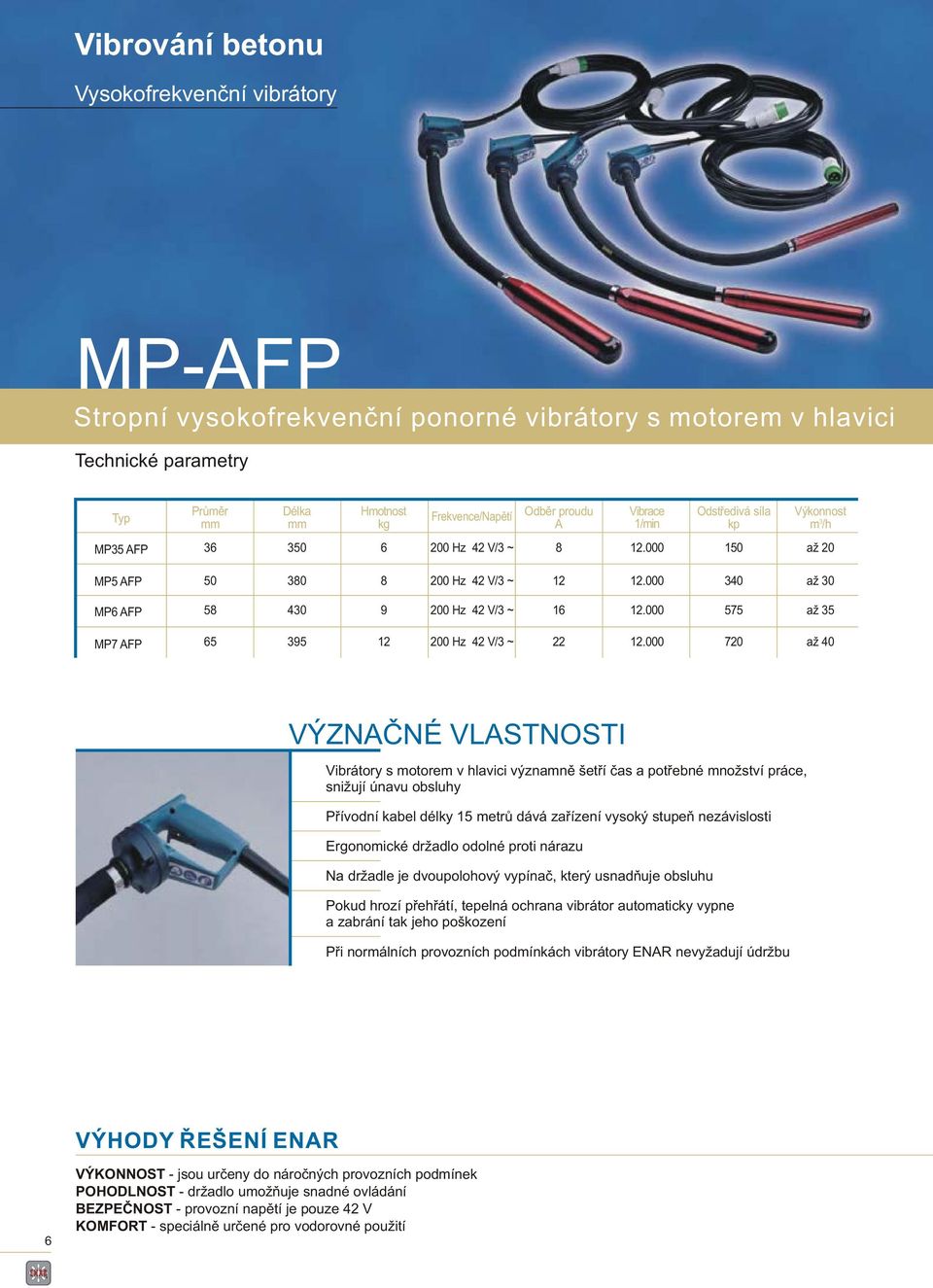 000 720 až 40 VÝZNAČNÉ VLASTNOSTI Vibrátory s otore v hlavici význaně šetří čas a potřebné nožství práce, snižují únavu obsluhy Přívodní kabel délky 15 etrů dává zařízení vysoký stupeň nezávislosti