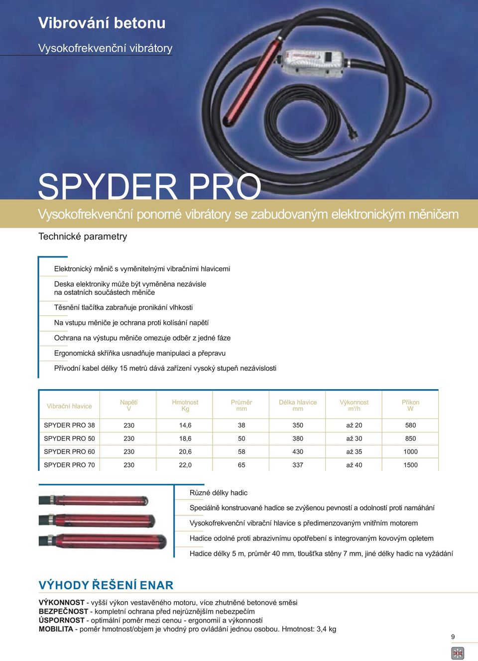 Ergonoická skříňka usnadňuje anipulaci a přepravu Přívodní kabel délky 15 etrů dává zařízení vysoký stupeň nezávislosti Vibrační hlavice Napětí V Průěr hlavice nost /h Příkon W SPYDER PRO 8 SPYDER