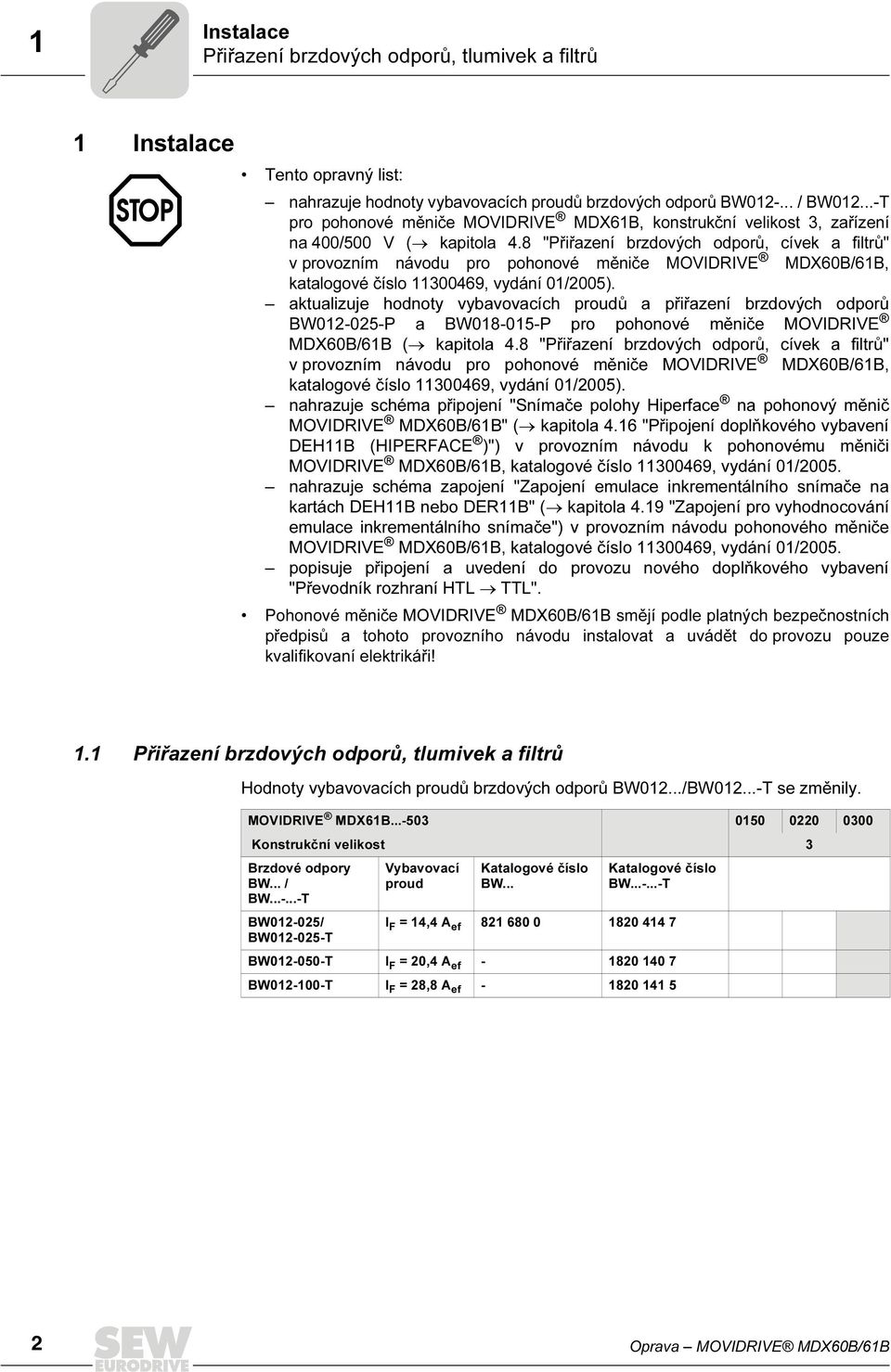 8 "Přiřazení brzdových odporů, cívek a filtrů" v provozním návodu pro pohonové měniče MOVIDRIVE MDX60B/6B, katalogové číslo 300469, vydání 0/2005).