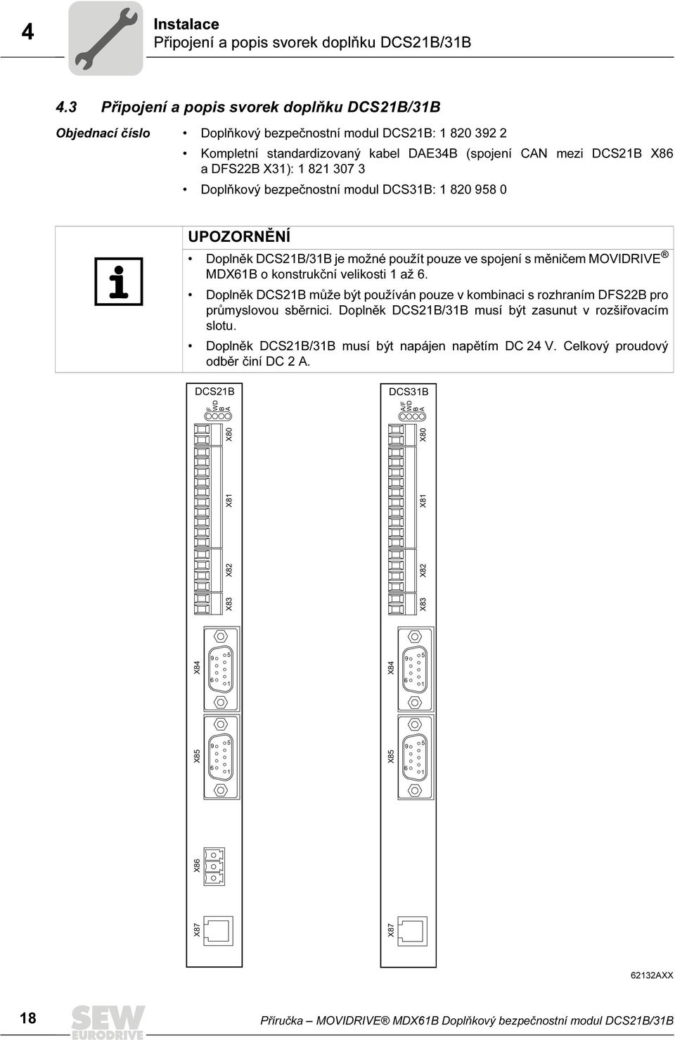 307 3 Doplňkový bezpečnostní modul DCS31B: 1 820 958 0 UPOZORNĚNÍ Doplněk DCS21B/31B je možné použít pouze ve spojení s měničem MOVIDRIVE MDX61B o konstrukční velikosti 1 až 6.