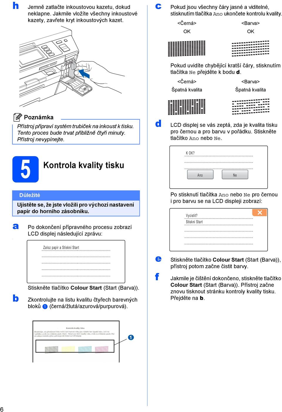 <Černá> <Brv> Šptná kvlit Šptná kvlit Poznámk Přístroj připrví systém truiček n inkoust k tisku. Tento proes ue trvt přiližně čtyři minuty. Přístroj nevypínejte.
