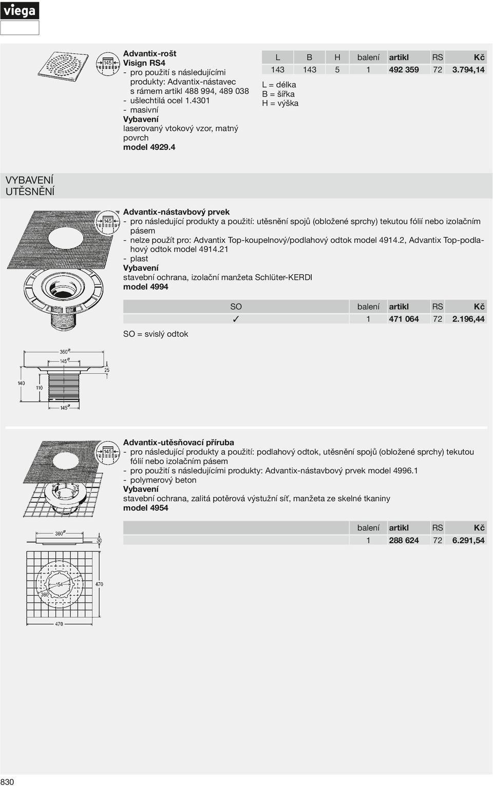 Advantix Top-koupelnový/podlahový odtok model 494.2, Advantix Top-podlahový odtok model 494.2 -- plast stavební ochrana, izolační manžeta Schlüter-KERDI model 4994 SO 47 064 2.