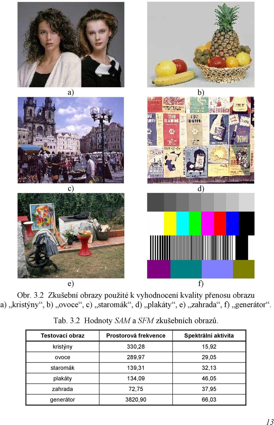 d) plakáty, e) zahrada, f) generátor. Tab. 3.2 Hodnoty SAM a SFM zkušebních obrazů.