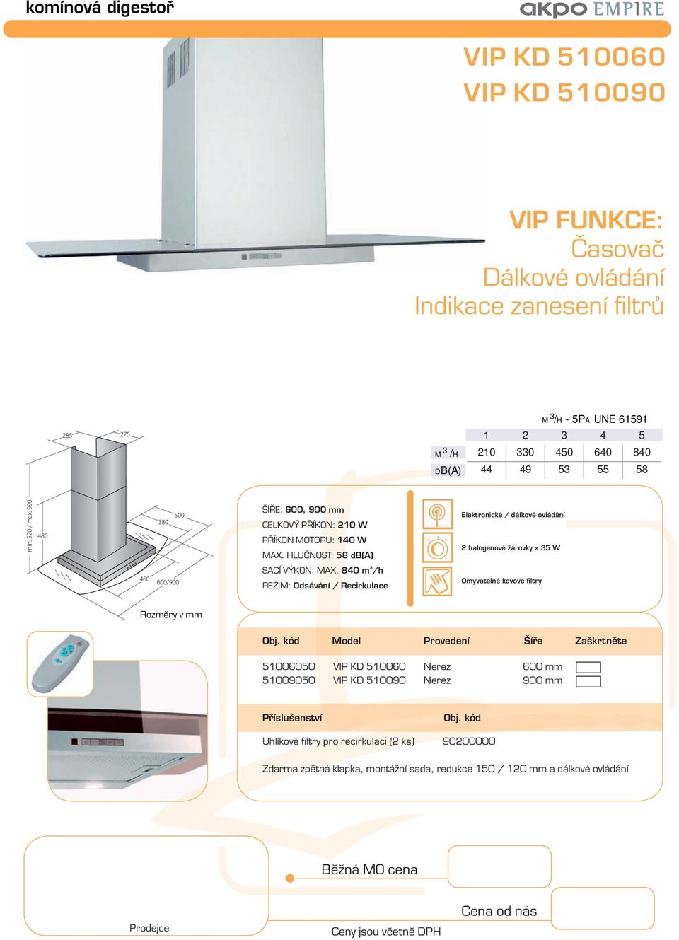 840 m /h Elektronické / dálkové ovládání 2 halogenové žárovky 5 W Model Provedení Šíře Zaškrtněte 51006050 VIP KD 510060 Nerez