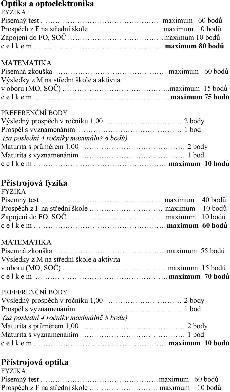 .maximum 15 bodů c e l k e m maximum 75 bodů PREFERENČNÍ BODY Výsledný prospěch v ročníku 1,00 2 body Prospěl s vyznamenáním 1 bod Maturita s průměrem 1,00 2 body Maturita s vyznamenáním 1 bod c e l