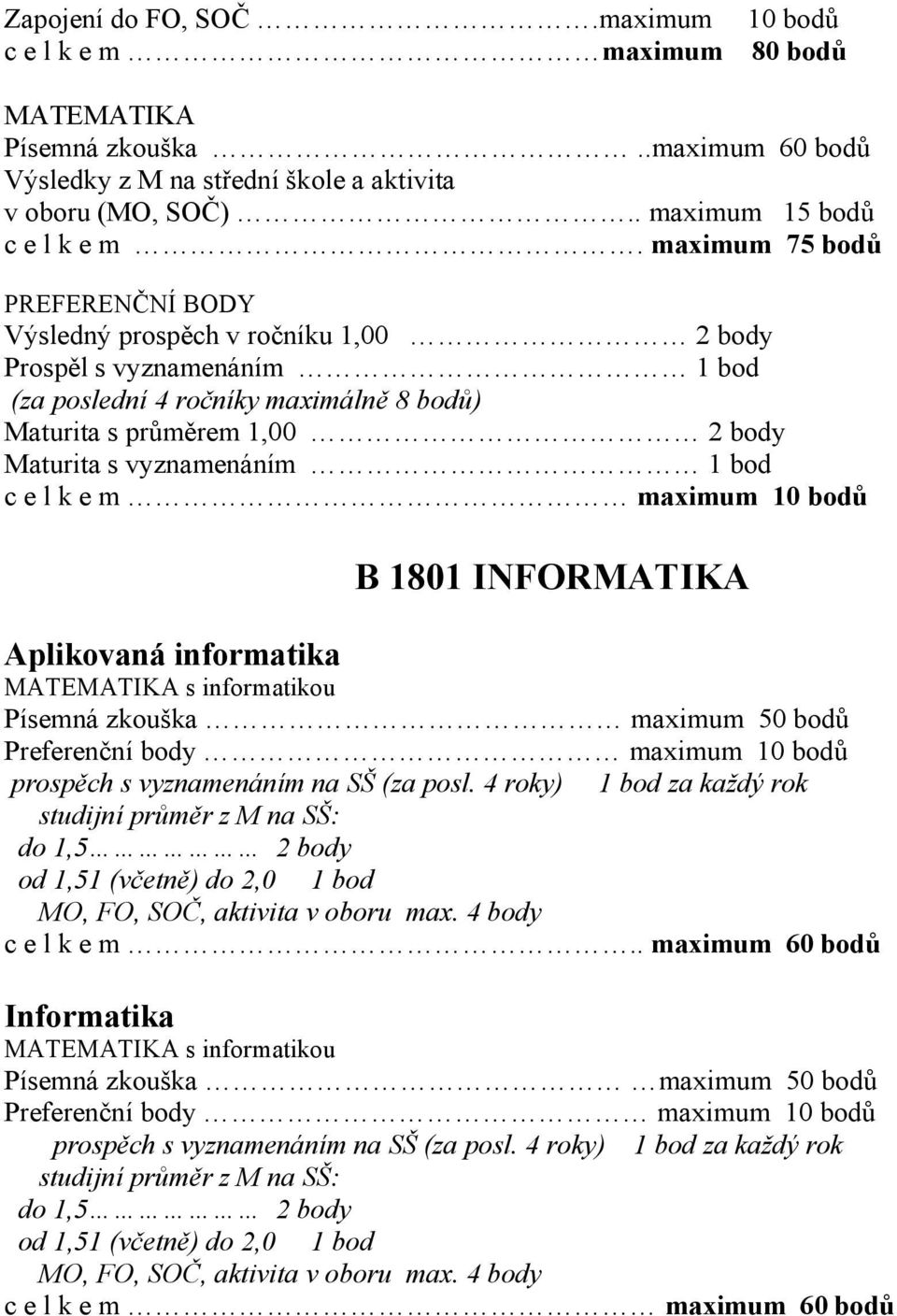 INFORMATIKA Aplikovaná informatika s informatikou Písemná zkouška maximum 50 bodů Preferenční body maximum 10 bodů prospěch s vyznamenáním na SŠ (za posl.