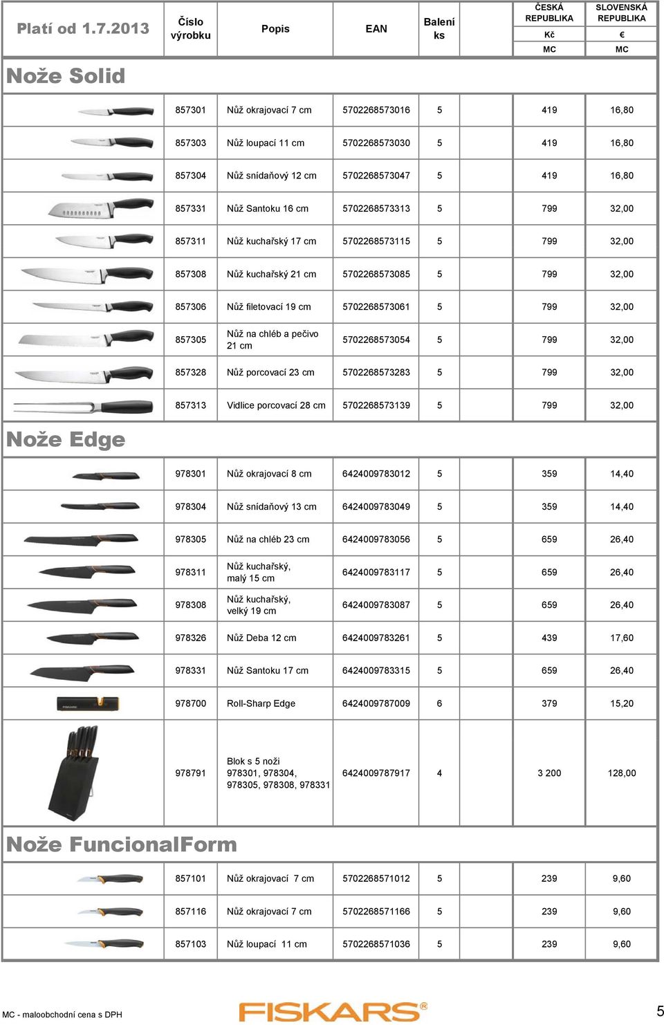 chléb a pečivo 21 cm 5702268573054 5 799 32,00 857328 Nůž porcovací 23 cm 5702268573283 5 799 32,00 857313 Vidlice porcovací 28 cm 5702268573139 5 799 32,00 Nože Edge 978301 Nůž okrajovací 8 cm