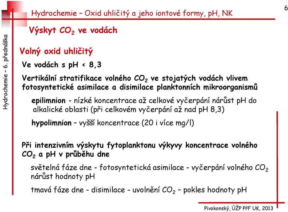 vyčerpání až nad ph 8,3) hypolimnion vyšší koncentrace (20 i více mg/l) Při intenzivním výskytu fytoplanktonu výkyvy koncentrace volného CO 2 a ph v