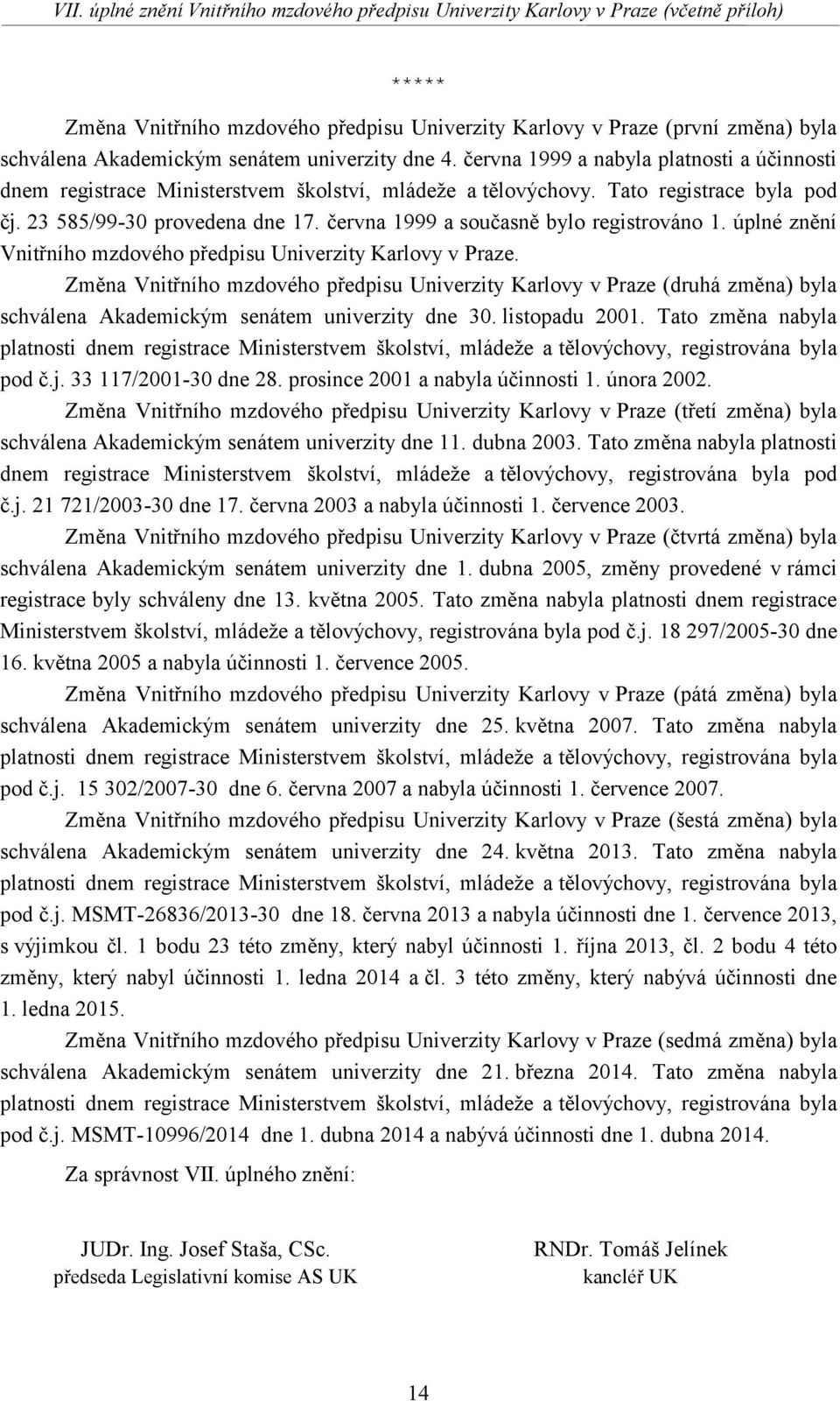 června 1999 a současně bylo registrováno 1. úplné znění Vnitřního mzdového předpisu Univerzity Karlovy v Praze.