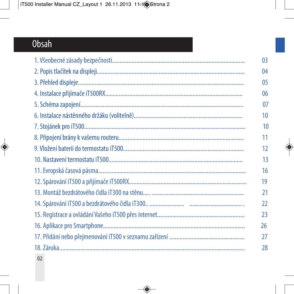 Nastavení termostatu T500... 13 11. Evropská časová pásma... 16 12. Spárování T500 a přjímače T500RX... 19 13. Montáž bezdrátového čdla T300 na stěnu...... 21 14.