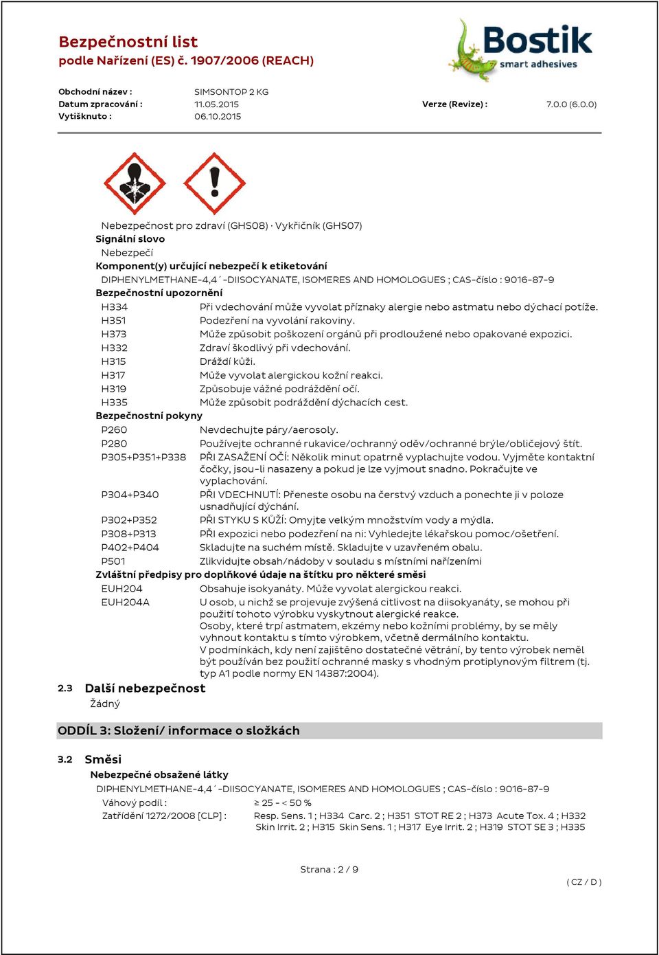 H373 Může způsobit poškození orgánů při prodloužené nebo opakované expozici. H332 Zdraví škodlivý při vdechování. H315 Dráždí kůži. H317 Může vyvolat alergickou kožní reakci.