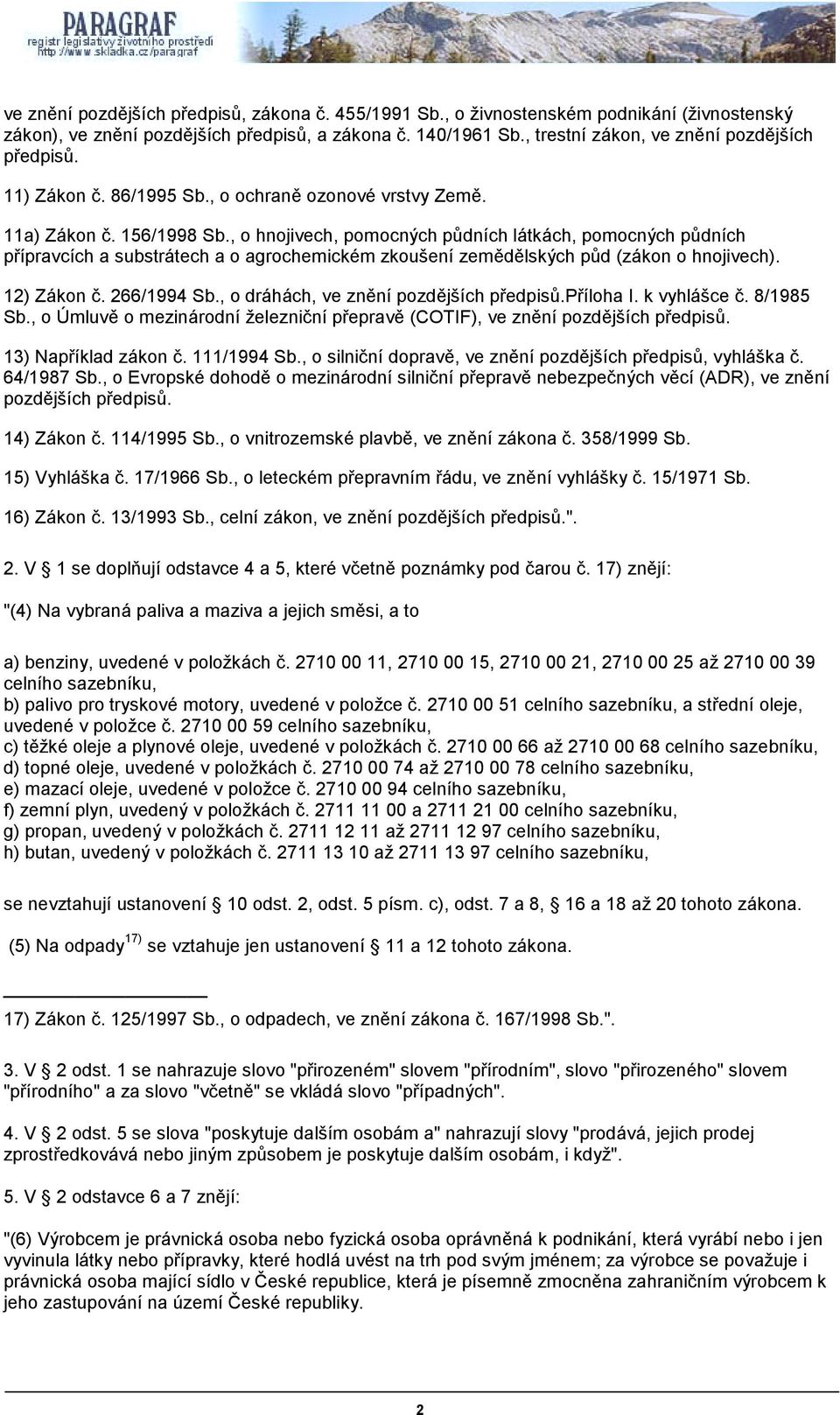 , o hnojivech, pomocných půdních látkách, pomocných půdních přípravcích a substrátech a o agrochemickém zkoušení zemědělských půd (zákon o hnojivech). 12) Zákon č. 266/1994 Sb.