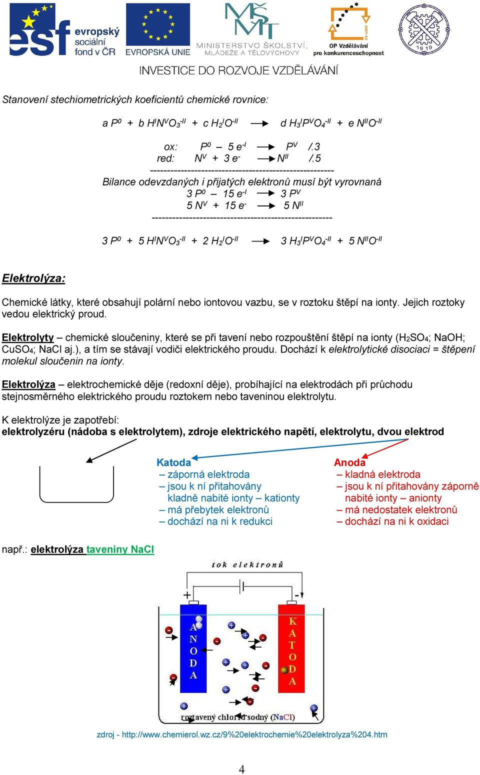 ----------------------------------------------------- 3 P 0 + 5 H I N V O 3 -II + 2 H 2I O -II 3 H 3I P V O 4 -II + 5 N II O -II Elektrolýza: Chemické látky, které obsahují polární nebo iontovou