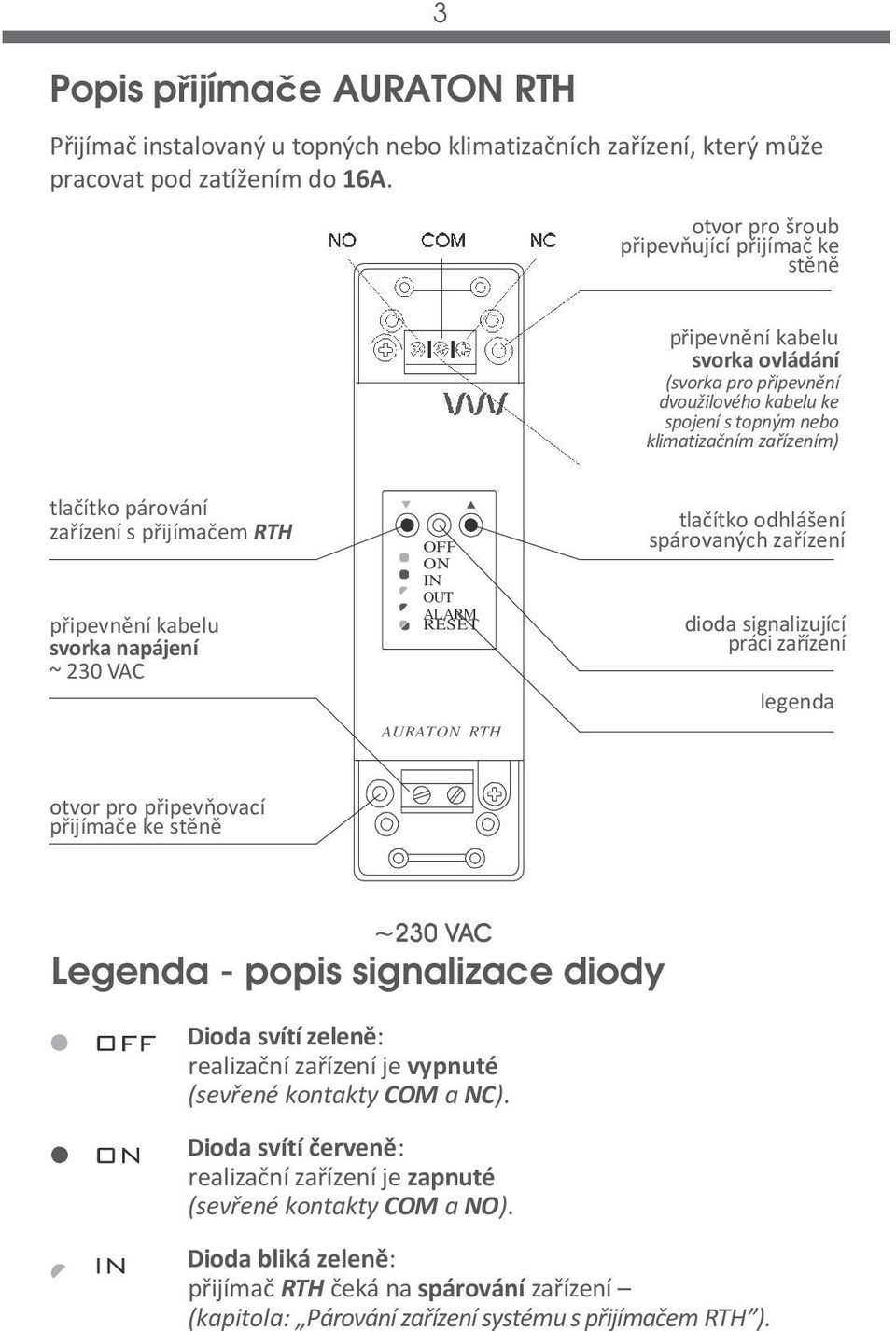 zařízení s přijímačem RTH připevnění kabelu svorka napájení ~ 230 VAC OFF ON IN OUT ALARM RESET tlačítko odhlášení spárovaných zařízení dioda signalizující práci zařízení legenda otvor pro