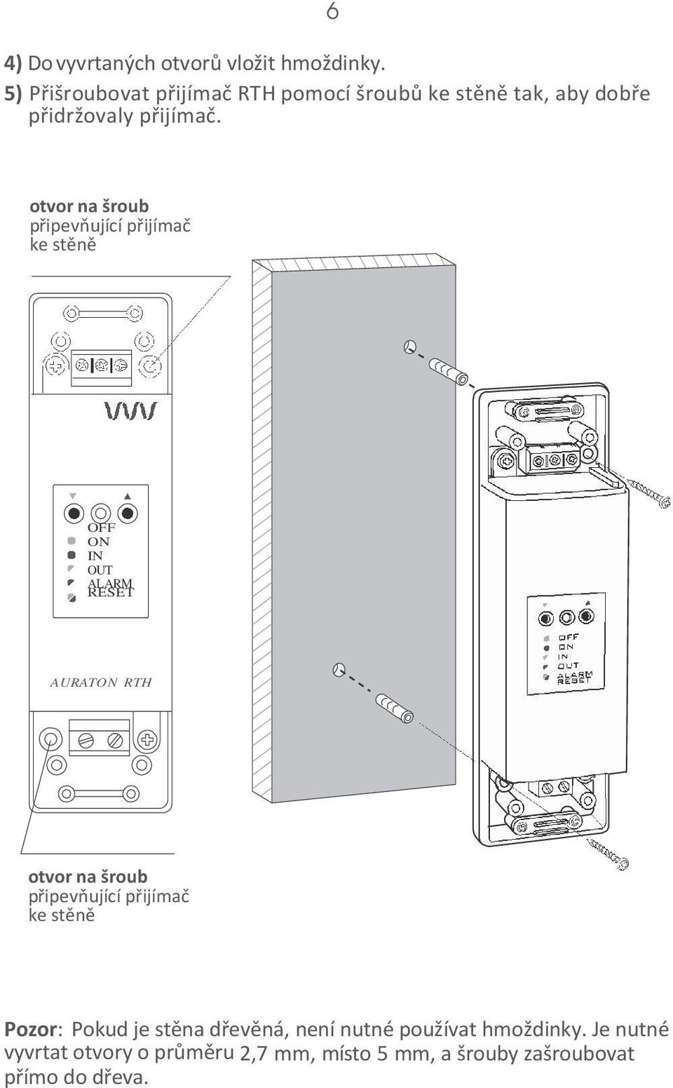 otvor na šroub připevňující přijímač ke stěně OFF ON IN OUT ALARM RESET otvor na šroub připevňující