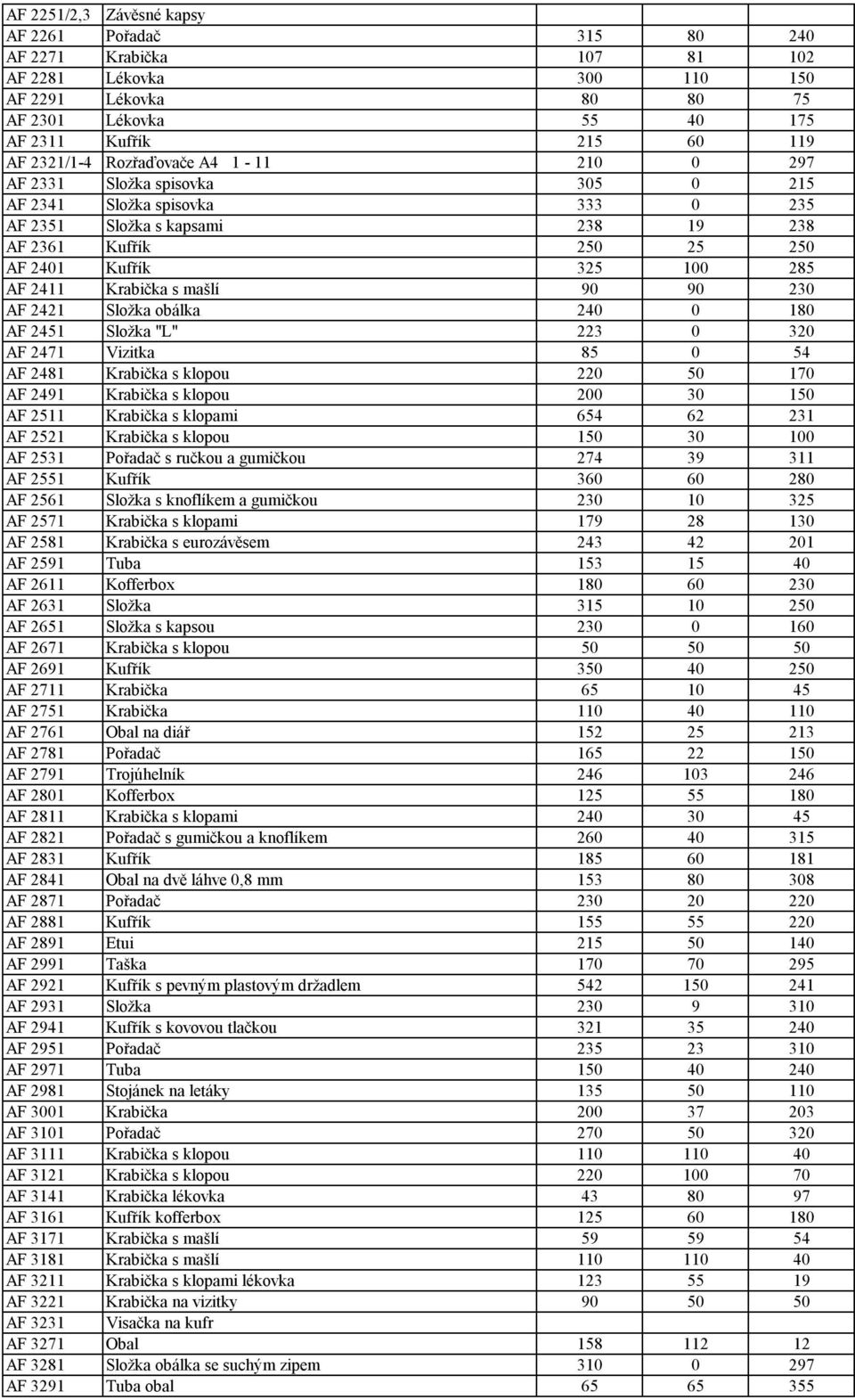 Krabička s mašlí 90 90 230 AF 2421 Složka obálka 240 0 180 AF 2451 Složka "L" 223 0 320 AF 2471 Vizitka 85 0 54 AF 2481 Krabička s klopou 220 50 170 AF 2491 Krabička s klopou 200 30 150 AF 2511