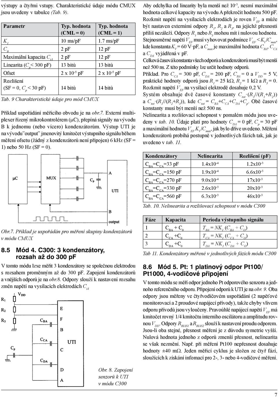 9 Charakteristické údaje pro mód CMUX Příklad uspořádání měřicího obvodu je na obr.7. Externí multiplexer řízený mikrokontrolérem (µc, přepíná signály na vývodu B k jednomu (nebo vícero kondenzátorům.