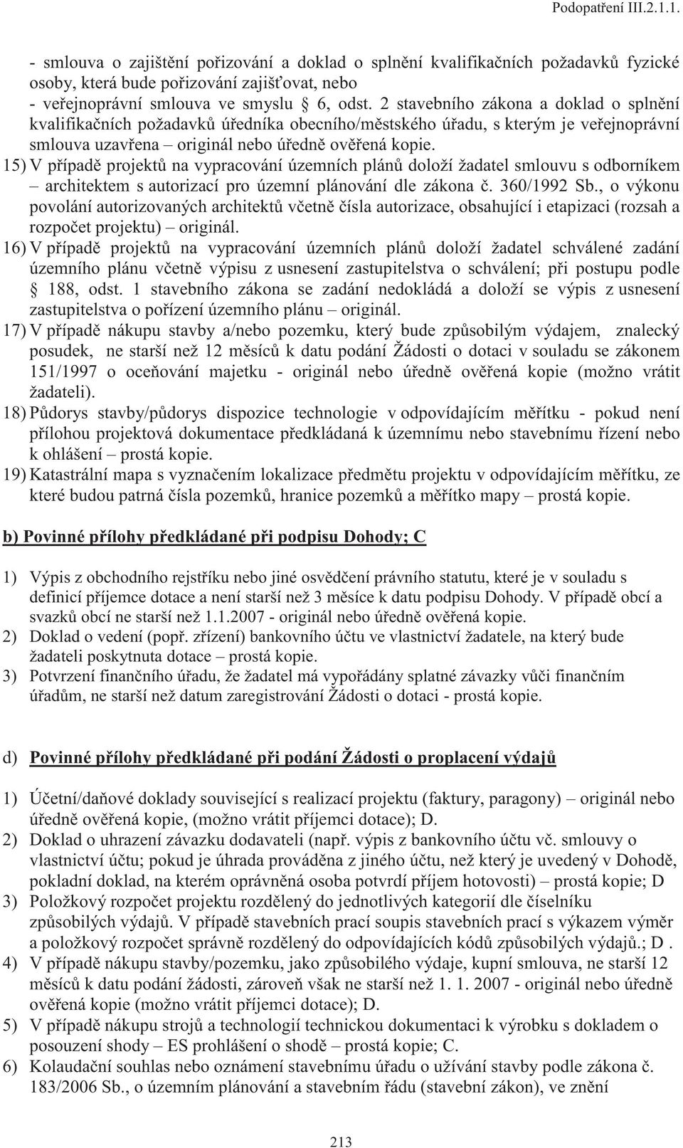 15) V případě projektů na vypracování územních plánů doloží žadatel smlouvu s odborníkem architektem s autorizací pro územní plánování dle zákona č. 360/1992 Sb.