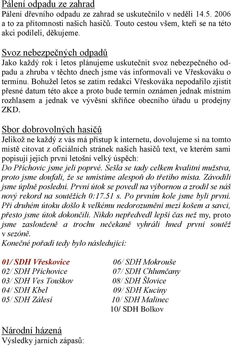 Bohužel letos se zatím redakci Vřeskováka nepodařilo zjistit přesné datum této akce a proto bude termín oznámen jednak místním rozhlasem a jednak ve vývěsní skříňce obecního úřadu u prodejny ZKD.