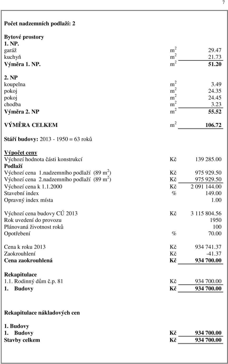 50 Výchozí cena 2.nadzemního podlaží (89 m 2 ) Kč 975 929.50 Výchozí cena k 1.1.2000 Kč 2 091 144.00 Stavební index % 149.00 Opravný index místa 1.00 Výchozí cena budovy CÚ 2013 Kč 3 115 804.