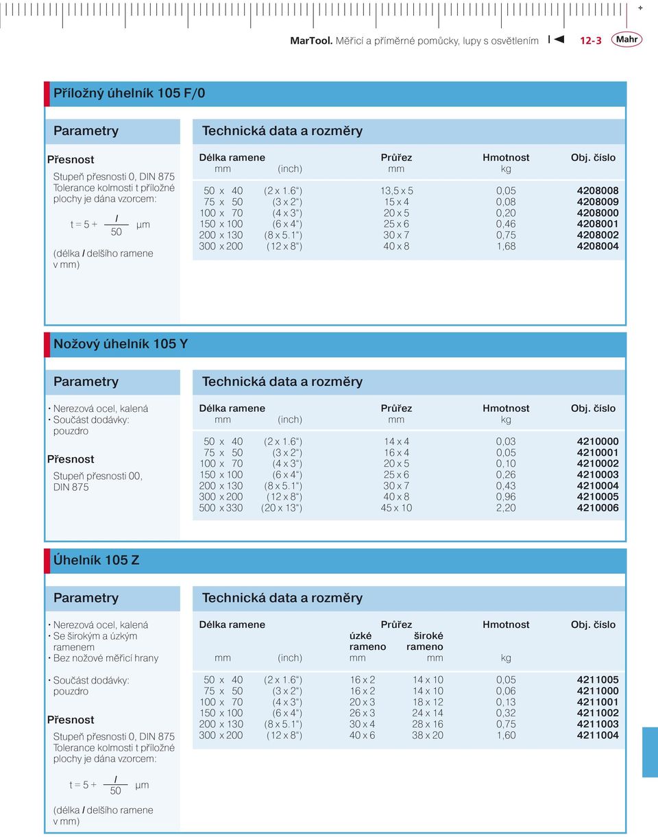 1 ) 30 x 7 0,75 4208002 300 x 200 (12 x 8 ) 40 x 8 1,68 4208004 Nožový úhelník 105 Y Nerezová ocel, kalená pouzdro Přesnost Stupeň přesnosti 00, DIN 875 Délka ramene Průřez Hmotnost Obj.