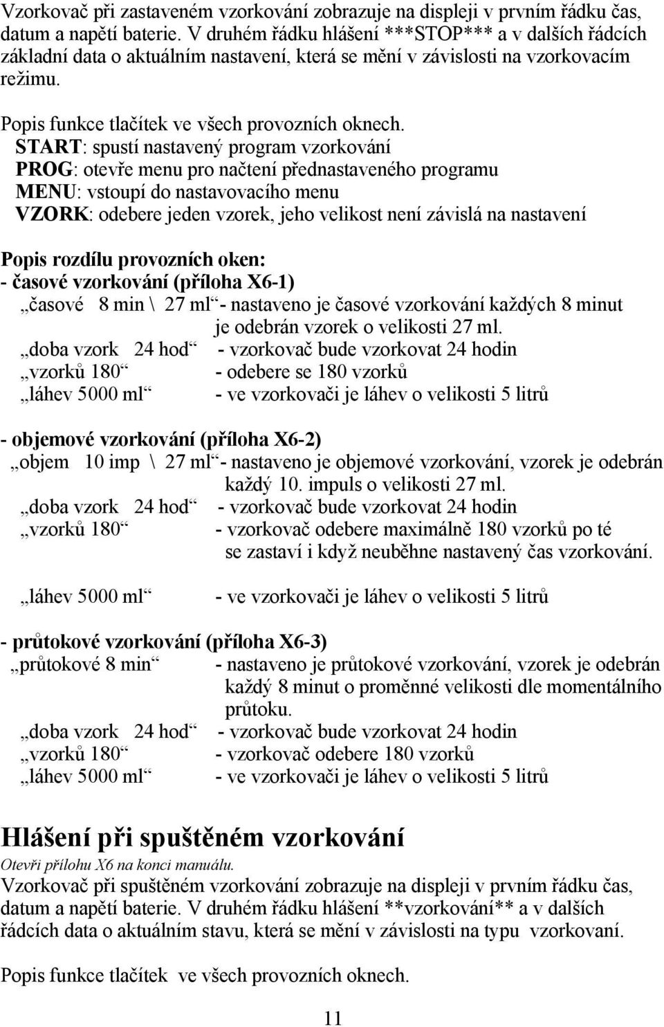 START: spustí nastavený program vzorkování PROG: otevře menu pro načtení přednastaveného programu MENU: vstoupí do nastavovacího menu VZORK: odebere jeden vzorek, jeho velikost není závislá na