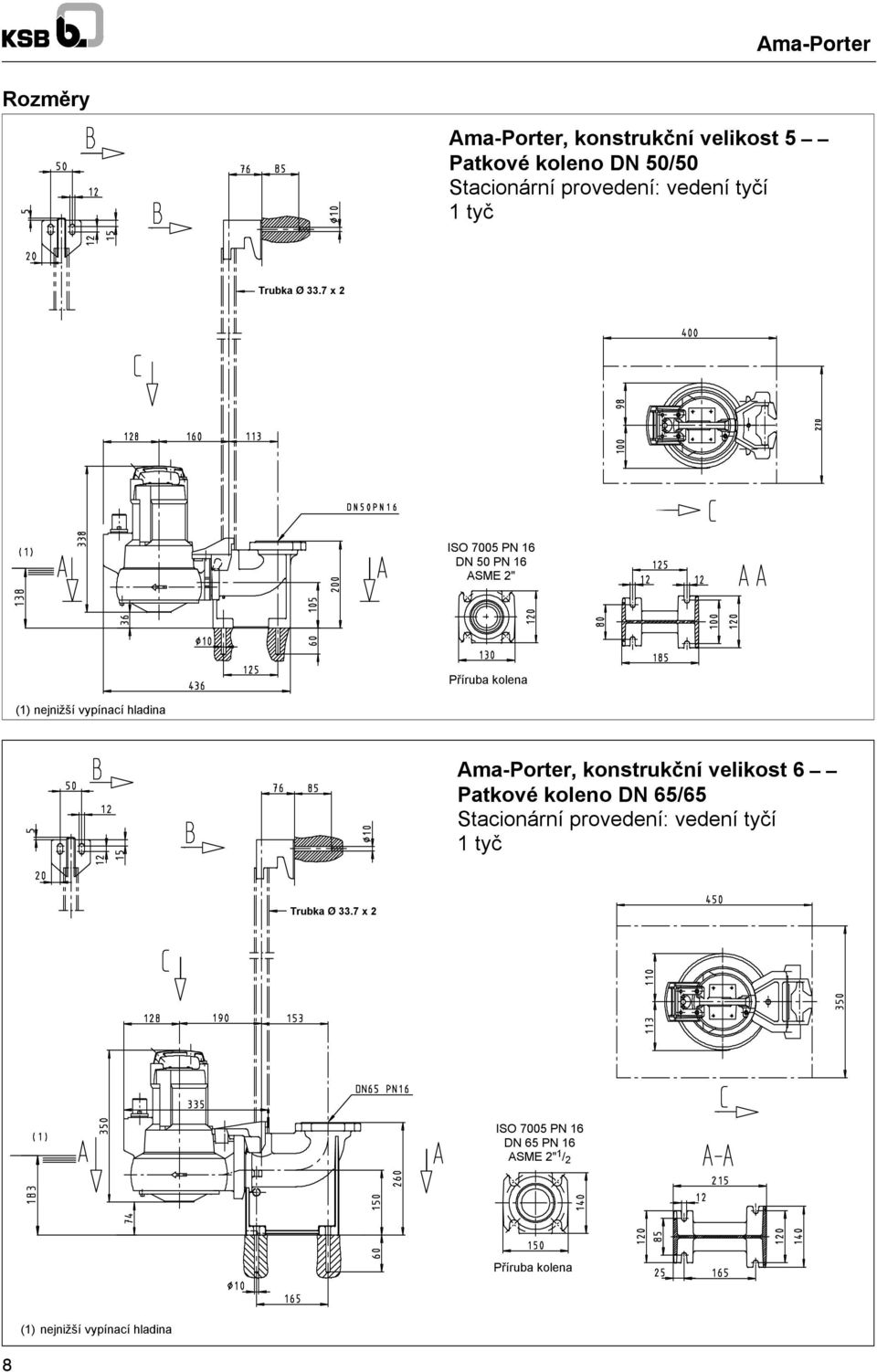 7 x 2 ISO 7005 PN 16 DN 50 PN 16 ASME 2" Příruba kolena (1) nejnižší vypínací hladina Ama-Porter,