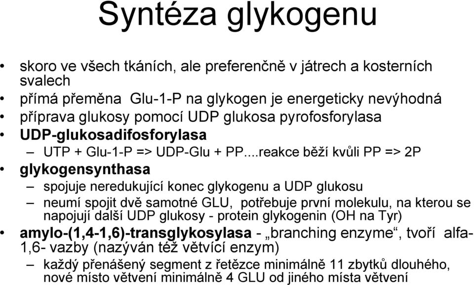..reakce běží kvůli PP => 2P glykogensynthasa spojuje neredukující konec glykogenu a UDP glukosu neumí spojit dvě samotné GLU, potřebuje první molekulu, na kterou se napojují