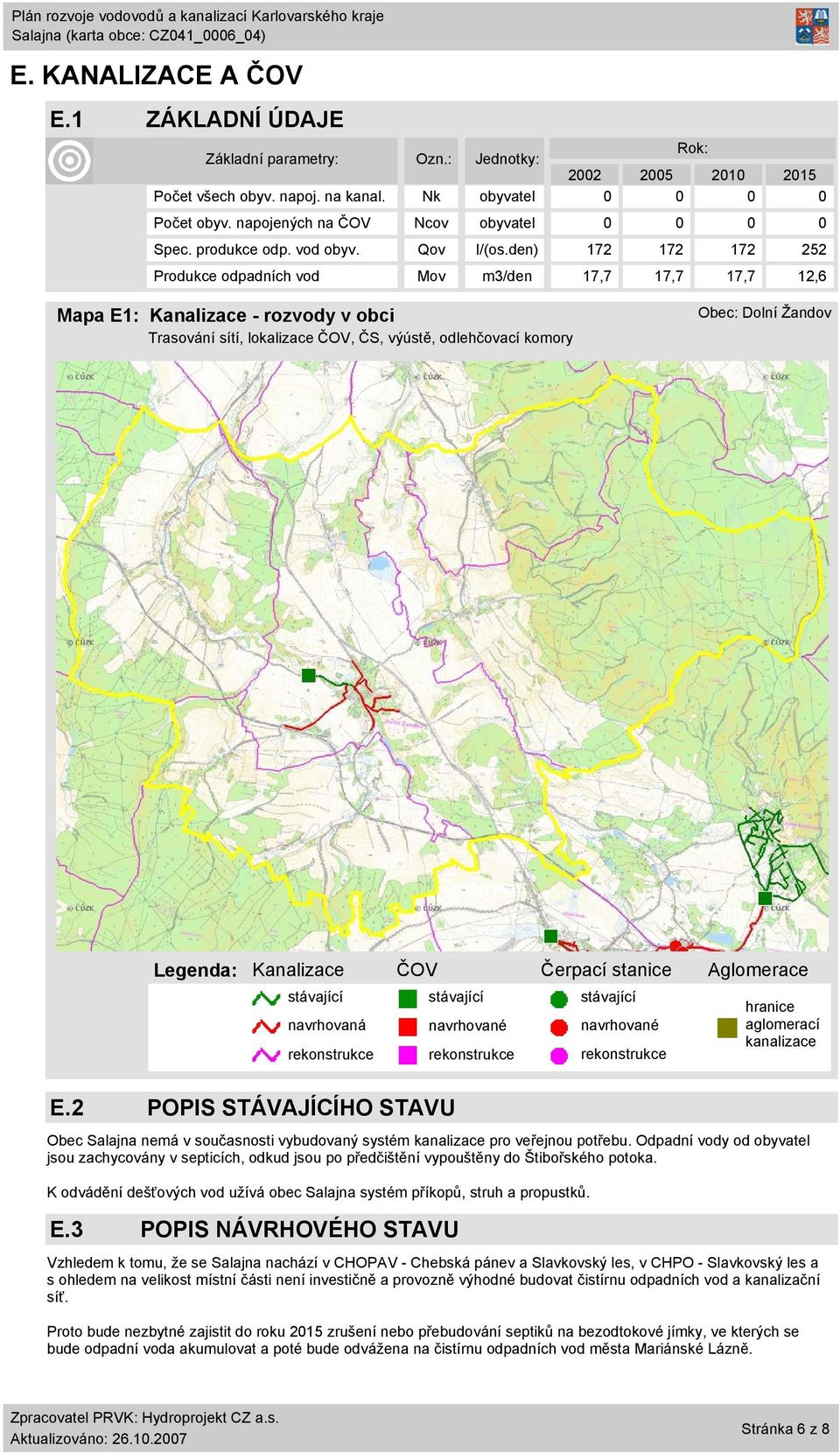 den) 172 172 172 252 Produkce odpadních vod Mov m3/den 17,7 17,7 17,7 12,6 Mapa E1: Kanalizace - rozvody v obci Trasování sítí, lokalizace ČOV, ČS, výústě, odlehčovací komory Obec: Dolní Žandov