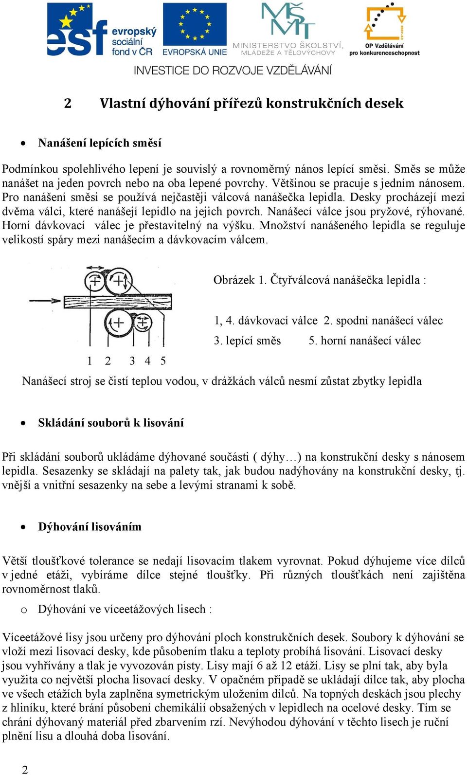 Desky procházejí mezi dvěma válci, které nanášejí lepidlo na jejich povrch. Nanášecí válce jsou pryžové, rýhované. Horní dávkovací válec je přestavitelný na výšku.