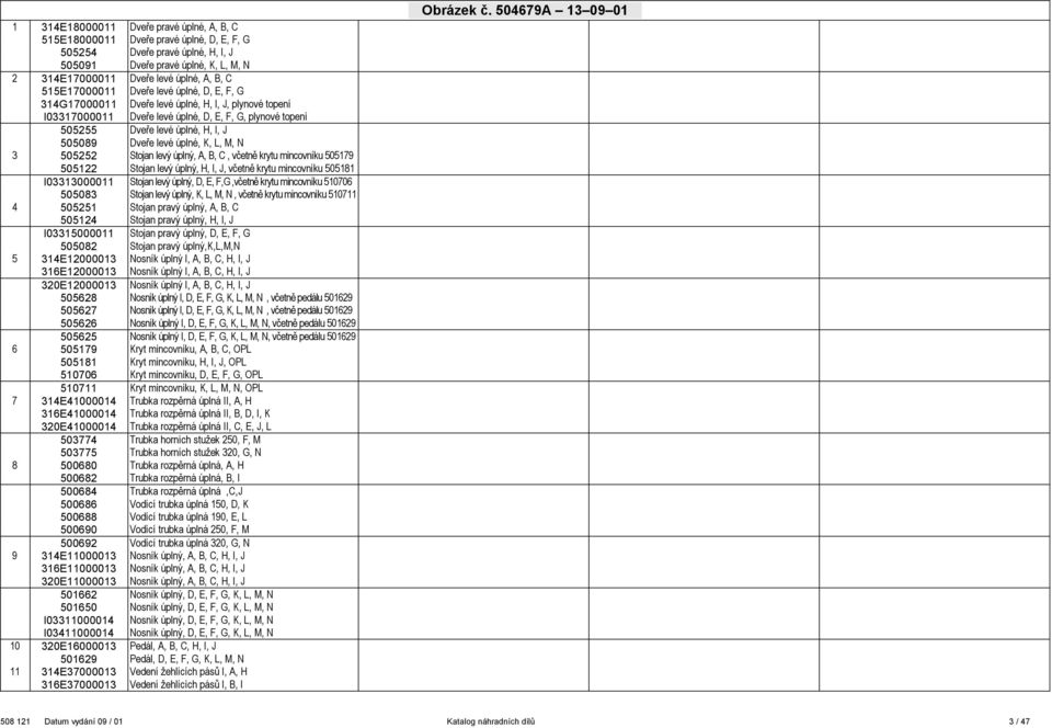 Dveře levé úplné, K, L, M, N 3 505252 Stojan levý úplný, A, B, C, včetně krytu mincovníku 505179 505122 Stojan levý úplný, H, I, J, včetně krytu mincovníku 505181 I03313000011 Stojan levý úplný, D,