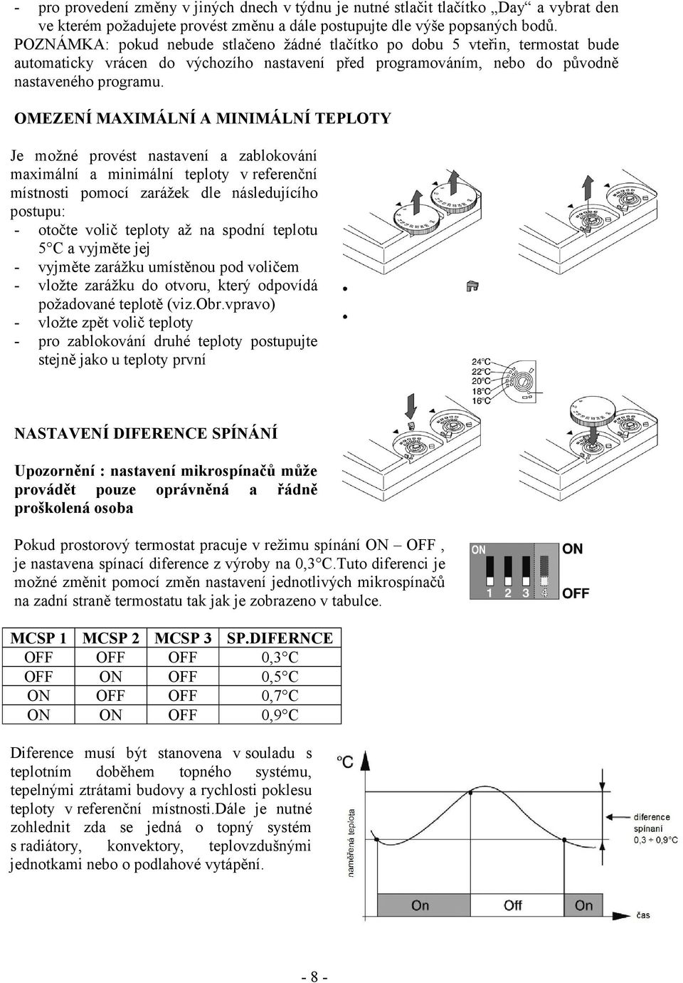 OMEZENÍ MAXIMÁLNÍ A MINIMÁLNÍ TEPLOTY Je možné provést nastavení a zablokování maximální a minimální teploty v referenční místnosti pomocí zarážek dle následujícího postupu: - otočte volič teploty až