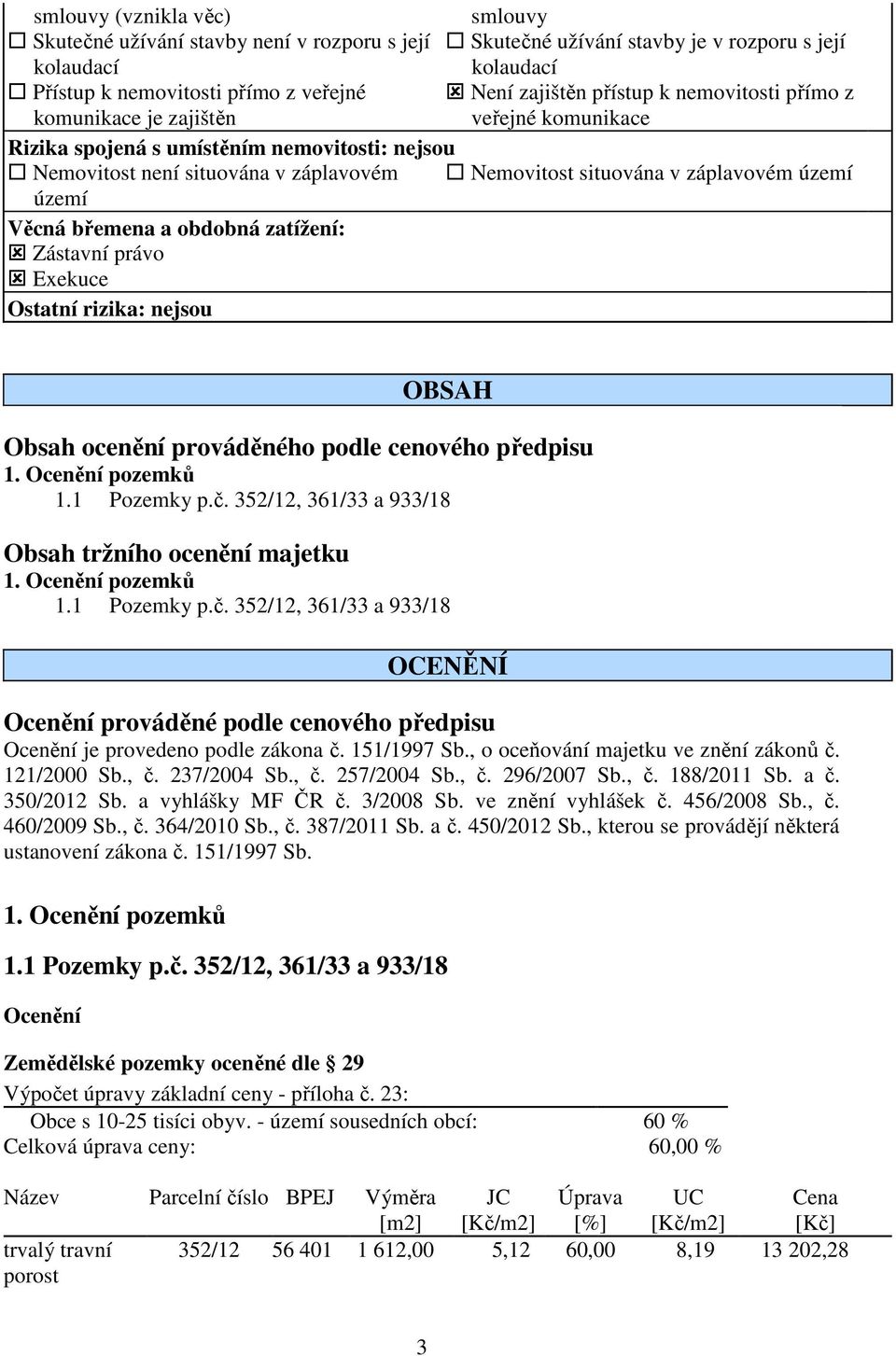 Věcná břemena a obdobná zatížení: Zástavní právo Exekuce Ostatní rizika: nejsou OBSAH Obsah ocenění prováděného podle cenového předpisu Obsah tržního ocenění majetku OCENĚNÍ Ocenění prováděné podle