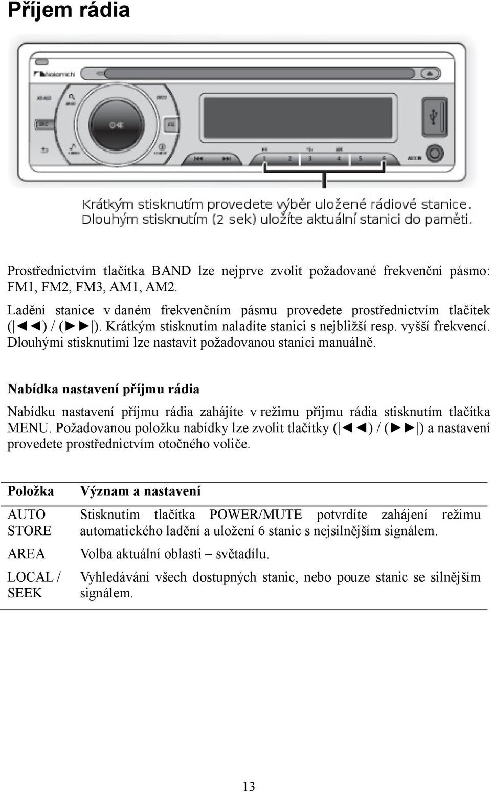 Dlouhými stisknutími lze nastavit požadovanou stanici manuálně. Nabídka nastavení příjmu rádia Nabídku nastavení příjmu rádia zahájíte v režimu příjmu rádia stisknutím tlačítka MENU.