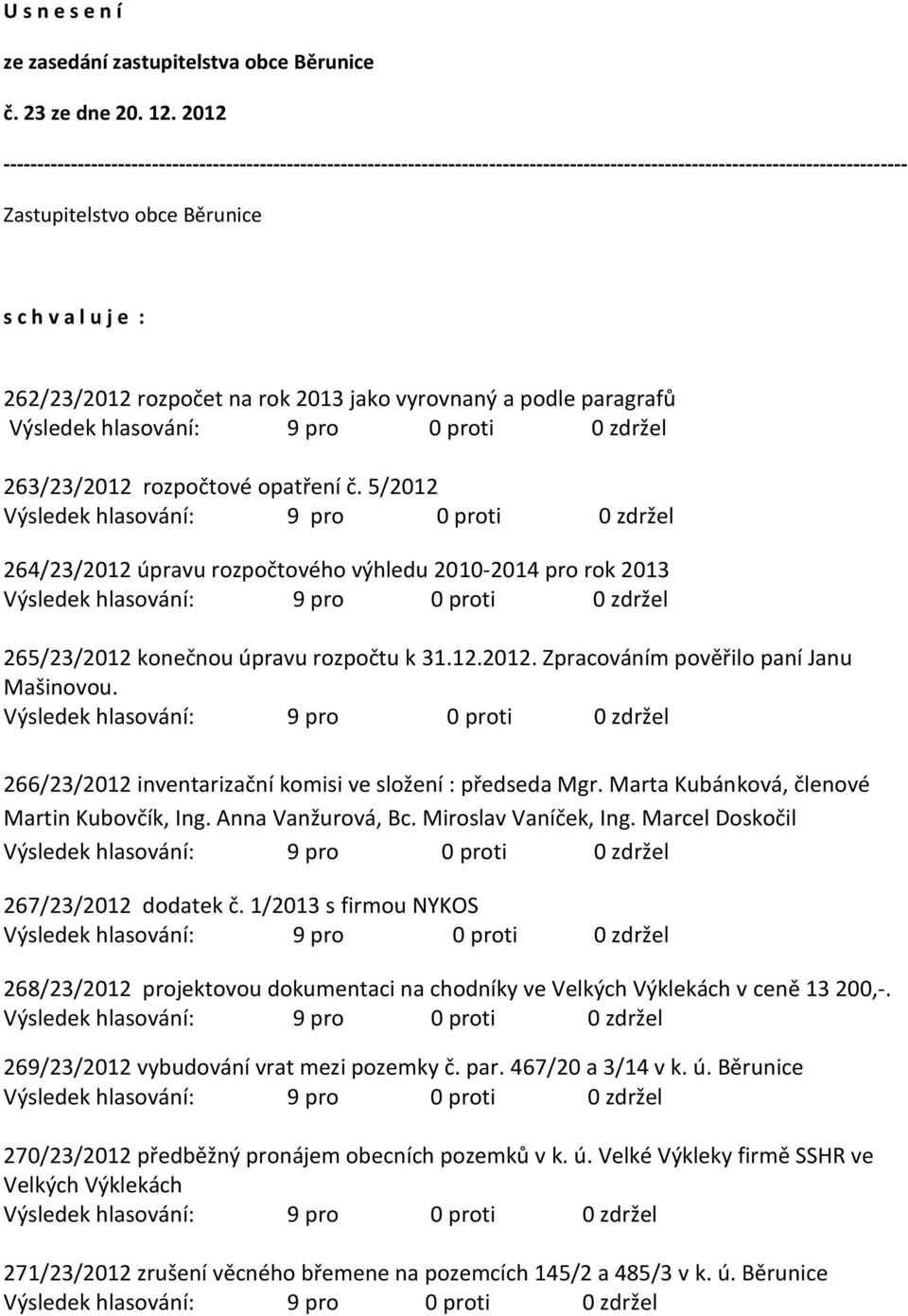 262/23/2012 rozpočet na rok 2013 jako vyrovnaný a podle paragrafů 263/23/2012 rozpočtové opatření č.