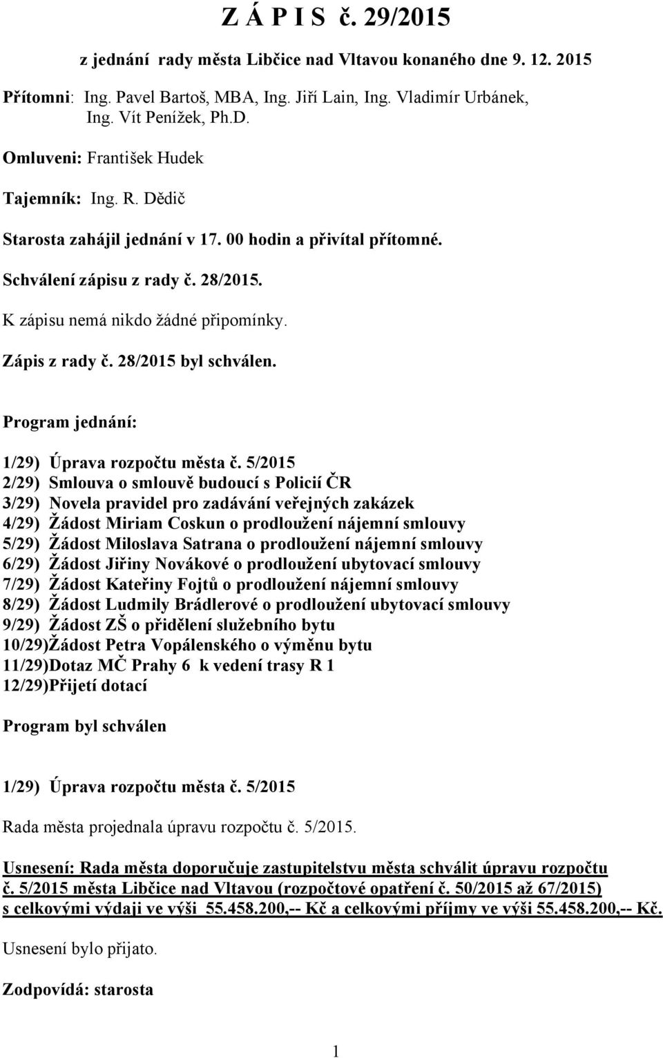 28/2015 byl schválen. Program jednání: 1/29) Úprava rozpočtu města č.