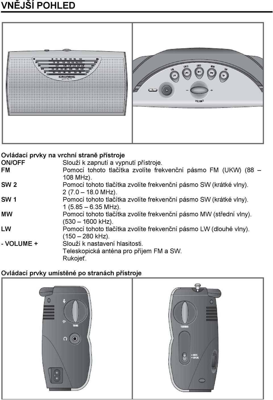 SW 1 Pomocí tohoto tlačítka zvolíte frekvenční pásmo SW (krátké vlny). 1 (5.85 6.35 MHz). MW Pomocí tohoto tlačítka zvolíte frekvenční pásmo MW (střední vlny).