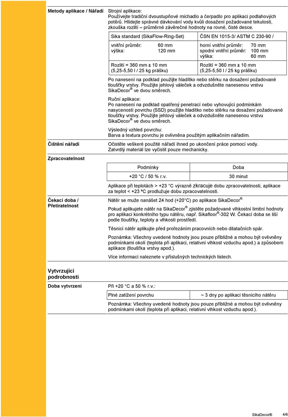 Sika standard (SikaFlow-Ring-Set) ČSN EN 1015-3/ ASTM C 230-90 / Čištění nářadí Zpracovatelnost Čekací doba / Přetíratelnost vnitřní průměr: výška: 60 mm 120 mm Rozlití = 360 mm ± 10 mm (5,25-5,50 l