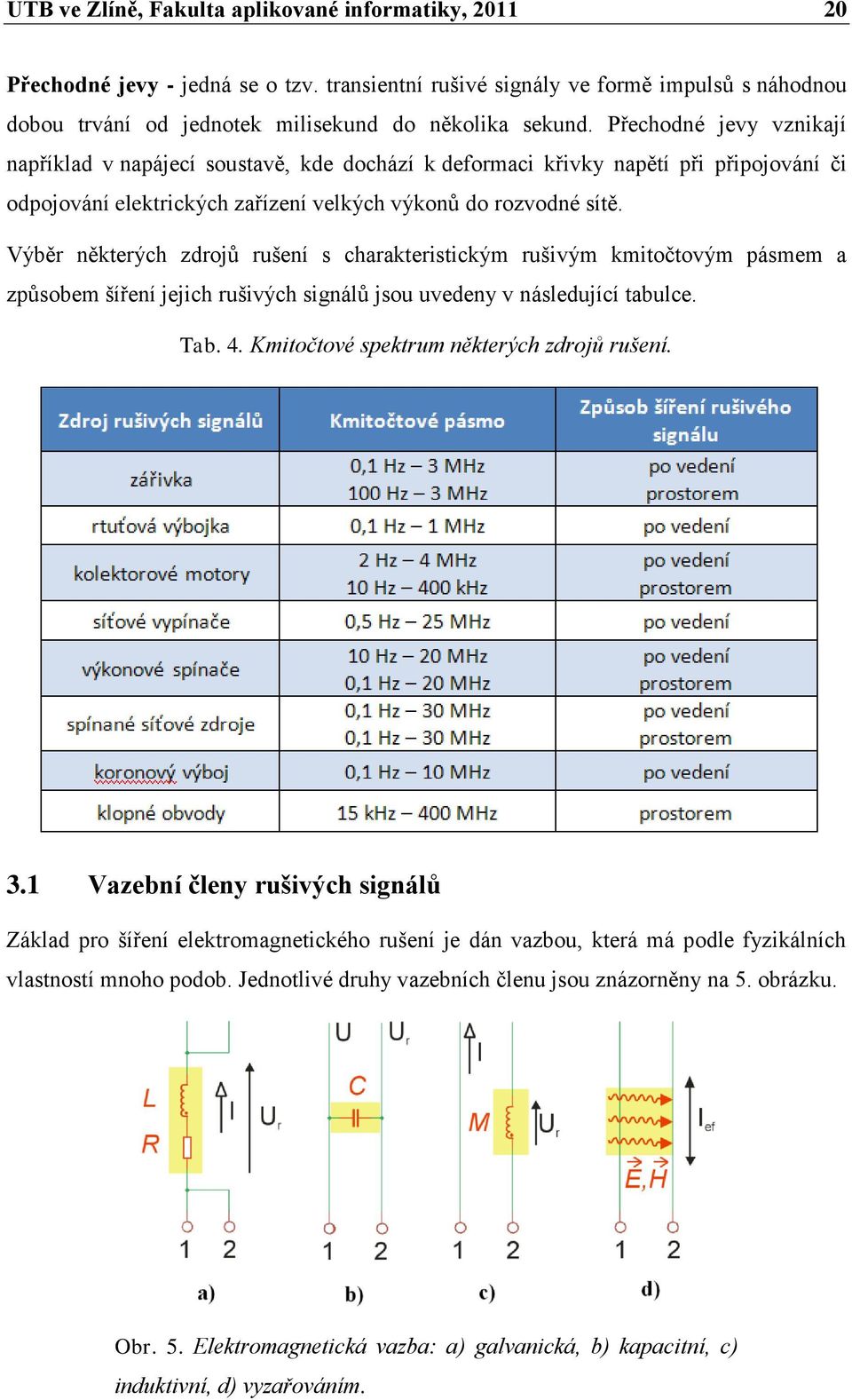 Výběr některých zdrojů rušení s charakteristickým rušivým kmitočtovým pásmem a způsobem šíření jejich rušivých signálů jsou uvedeny v následující tabulce. Tab. 4.