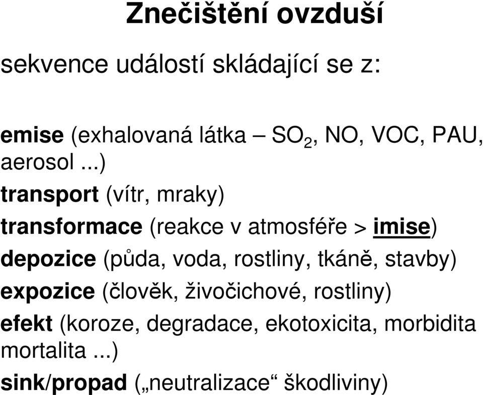 ..) transport (vítr, mraky) transformace (reakce v atmosfée > imise) depozice (pda, voda,