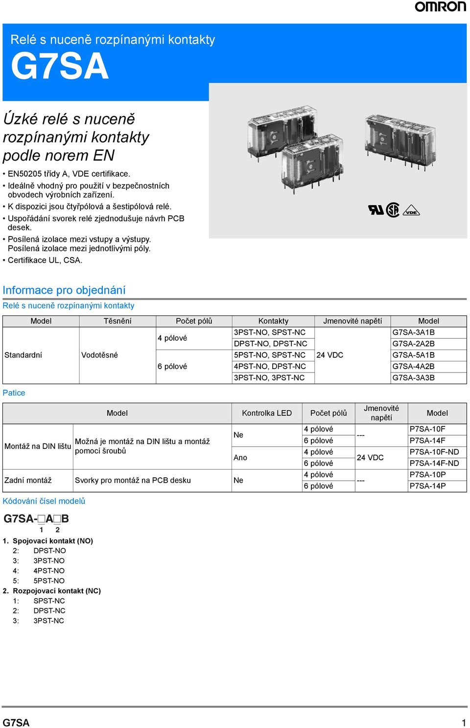 Certifikace UL CSA. Informace pro objednání Standardní Patice Model Těsnění Počet pólů Kontakty Jmenovité napětí Model na DIN lištu Kódování čísel modelů Vodotěsné 1.